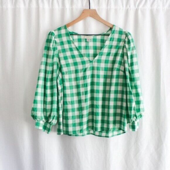 A New Day Green and White Gingham Bishop Sleeve V-Neck Blouse Medium - Picture 2 of 8
